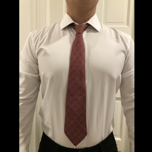 Hermes Mens Tie Red Yellow 100% Silk Logo 843 EA/M